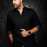 Broderick's Clothing Co. Au Noir KAELAN black long sleeve shirt with patterned cuffs and 360-degree stretch fabric.