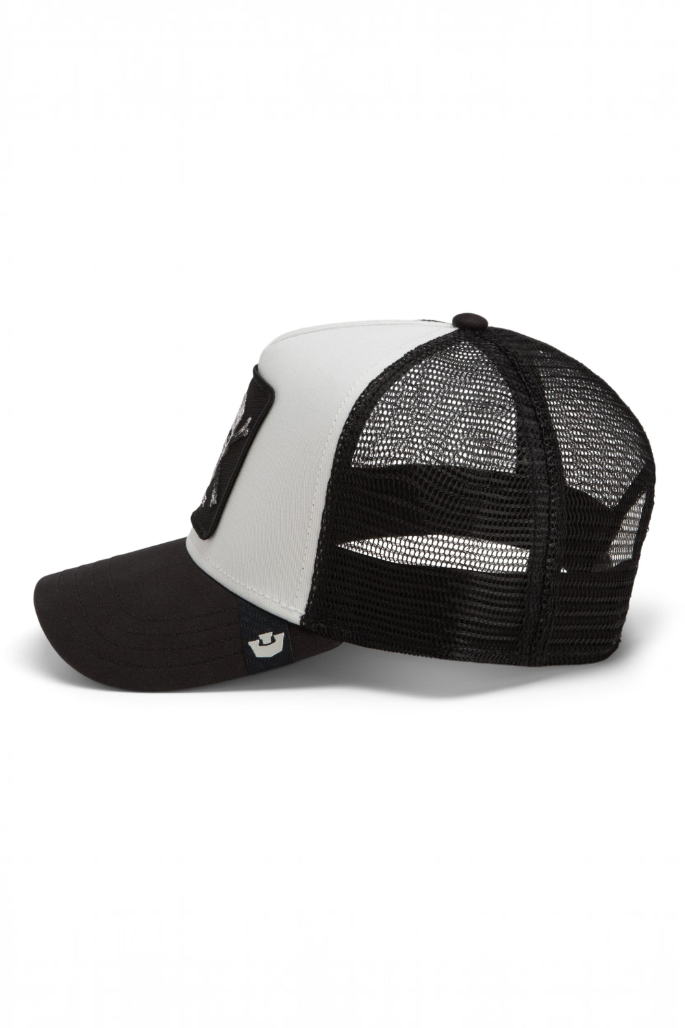 Broderick's Clothing Co. Goorin Bros. black and white trucker hat with mesh back and skull patch side profile view