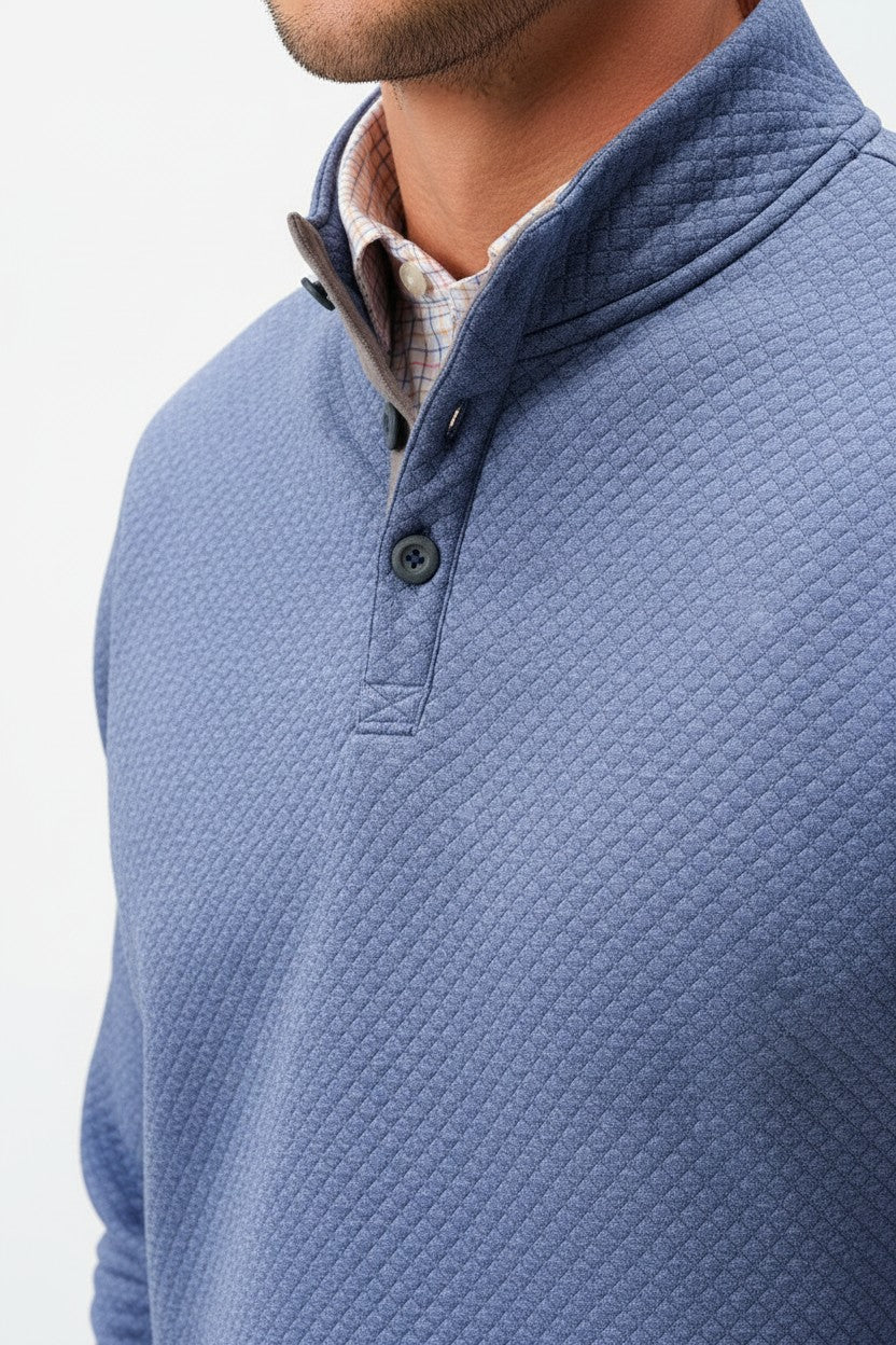 Broderick's Clothing Co. blue diamond knit henley pullover with alcantara suede placket details