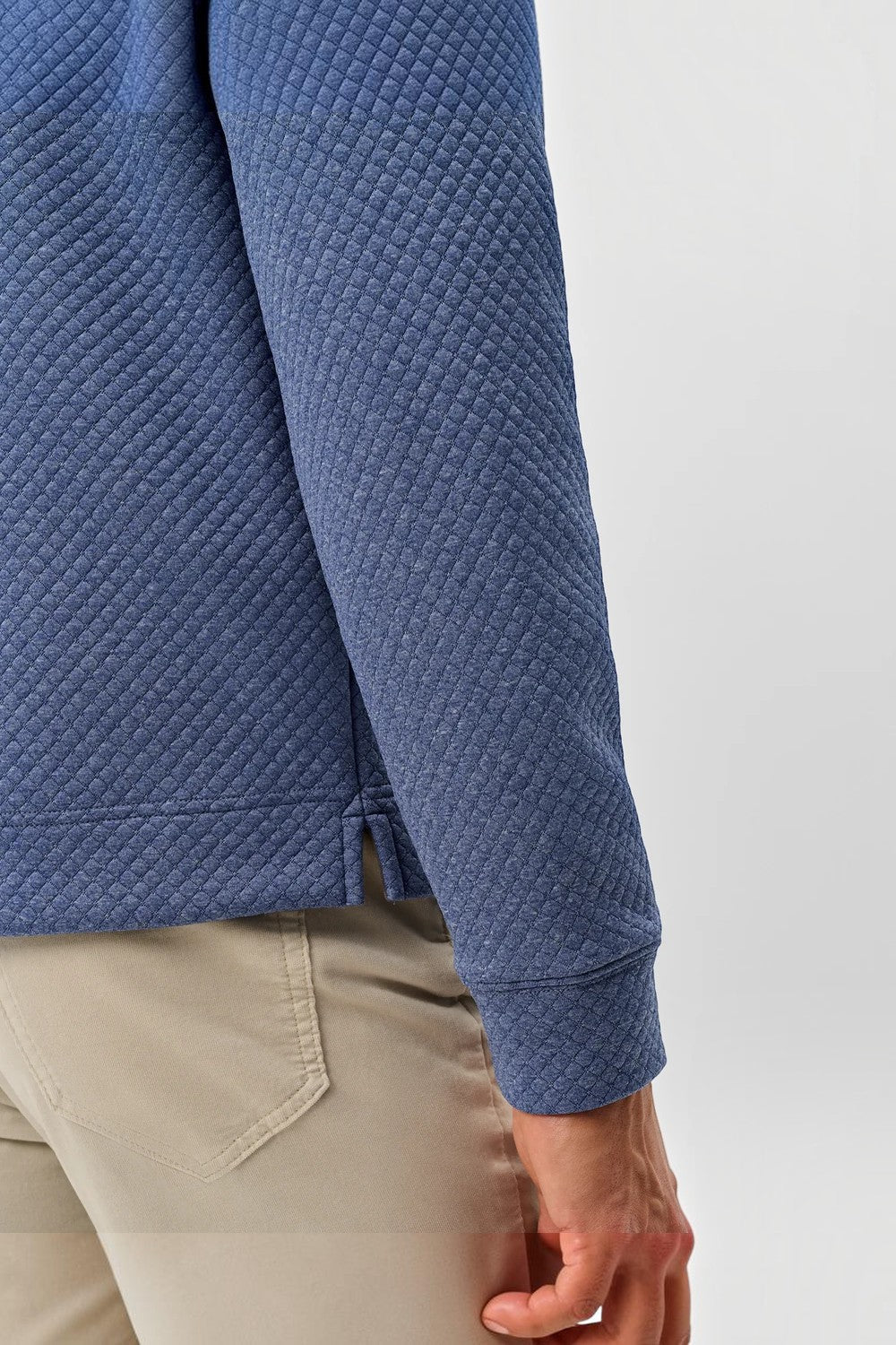 Broderick's Clothing Co. blue moratronic diamond knit henley pullover with textured quilted pattern and ribbed cuff
