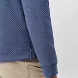 Broderick's Clothing Co. blue moratronic diamond knit henley pullover with textured quilted pattern and ribbed cuff