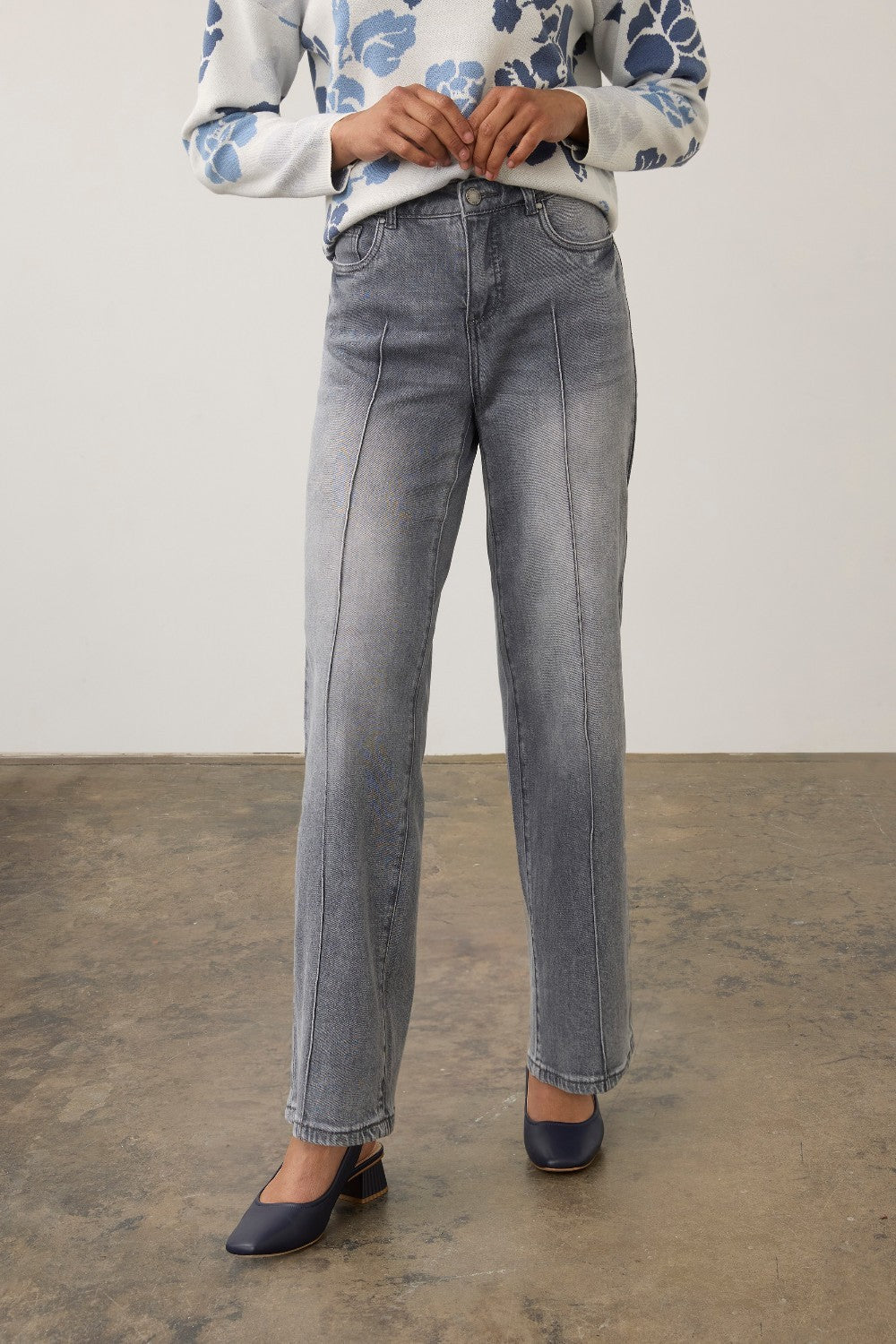 Broderick's Clothing Co. FDJ Olivia blue-gray wide-leg jeans featuring vertical pintuck detailing on the front.