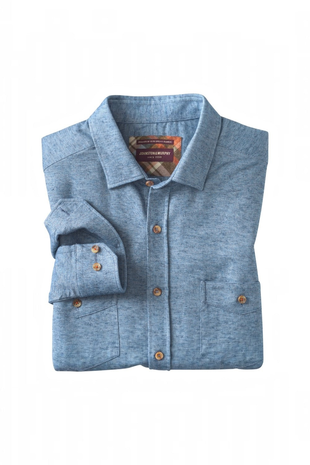 Broderick's Clothing Co. Johnston & Murphy blue heathered woven shirt with button-down collar and chest pocket.