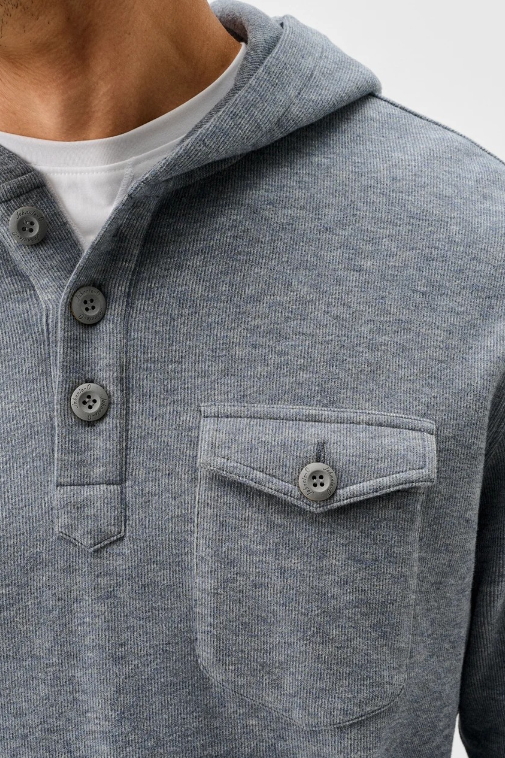 Broderick's Clothing Co. blue heathered cotton-blend henley hoodie with button placket and chest pocket