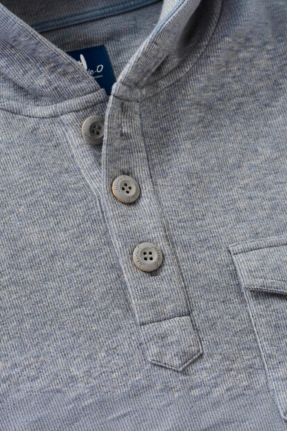 Broderick's Clothing Co. Johnnie-O blue heathered cotton-spandex henley hoodie with button placket and chest pocket