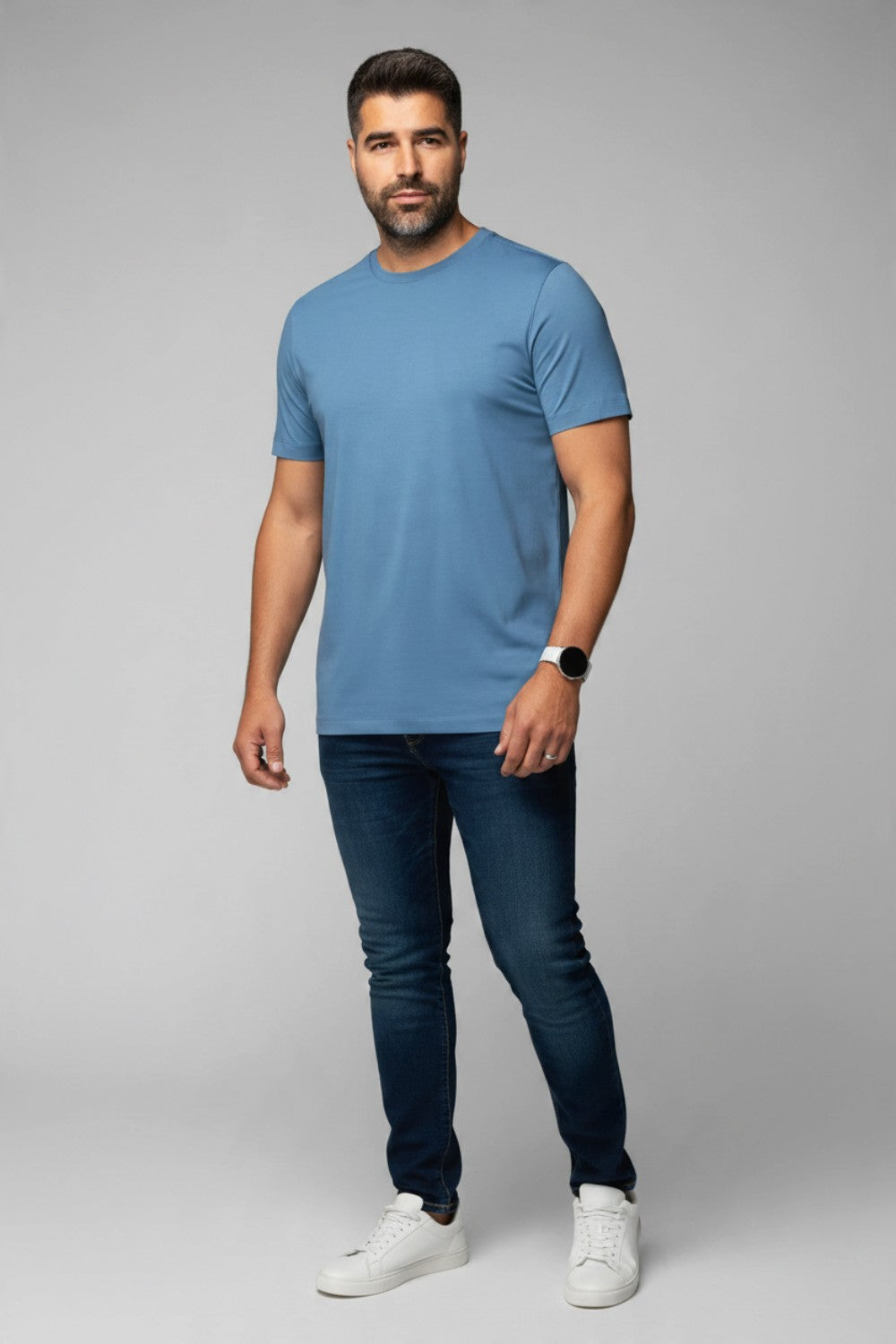Broderick's Clothing Co. Au Noir C-MAVEN blue crew neck t-shirt in soft modal and mercerized cotton on a male model