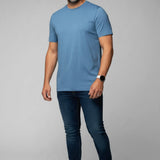 Broderick's Clothing Co. Au Noir C-MAVEN blue crew neck t-shirt in soft modal and mercerized cotton on a male model
