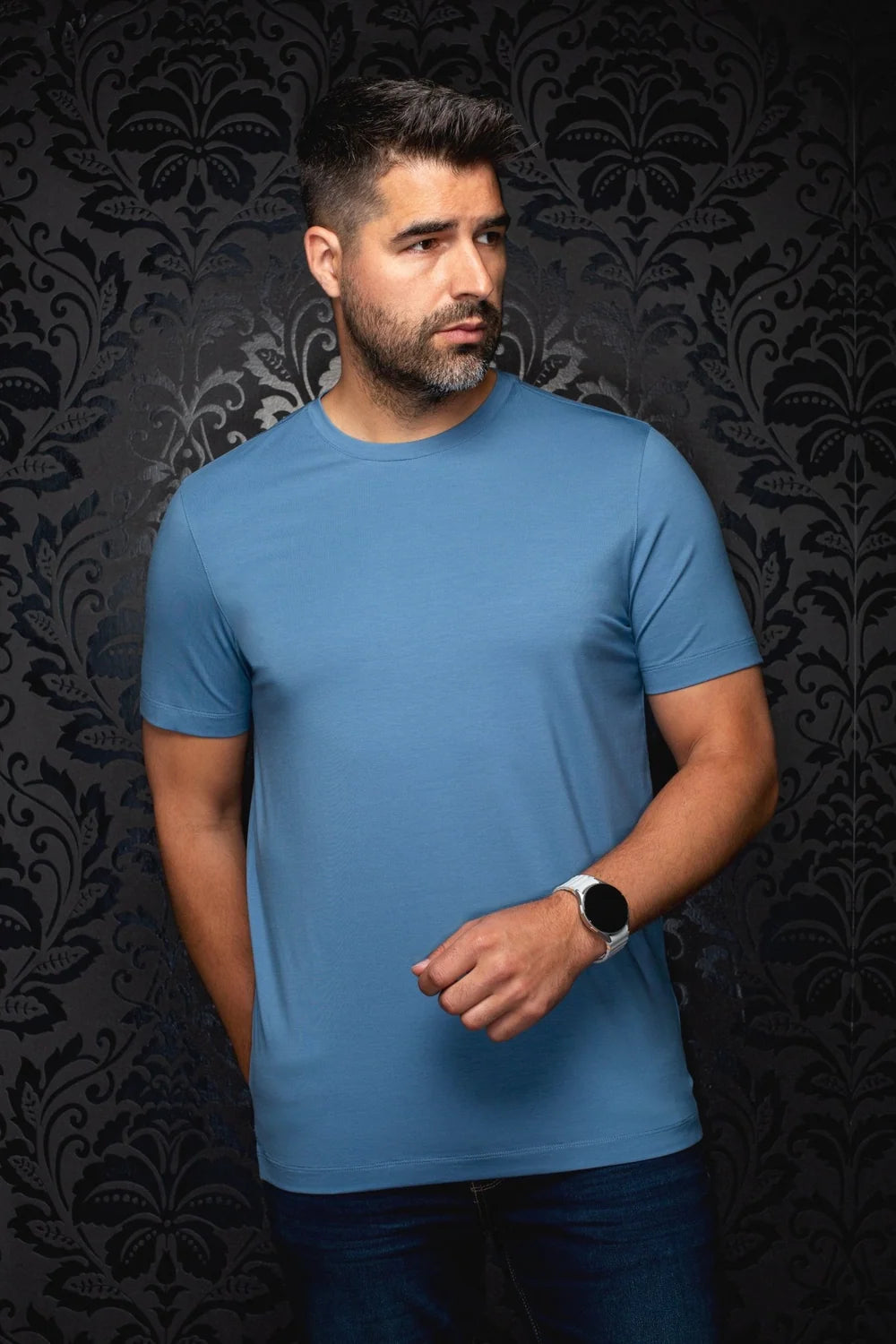 Broderick's Clothing Co. Au Noir C-MAVEN blue crew neck t-shirt in soft modal and mercerized cotton blend on a man
