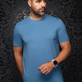Broderick's Clothing Co. Au Noir C-MAVEN blue crew neck t-shirt in soft modal and mercerized cotton blend on a man