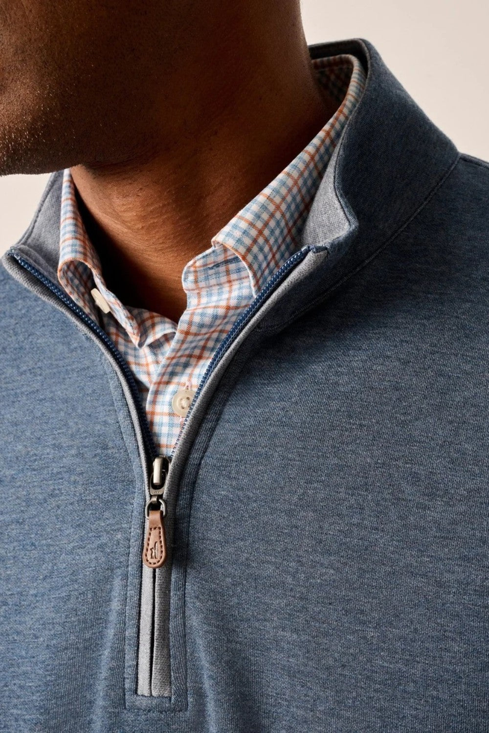Broderick's Clothing Co. Johnnie-O blue cotton-blend quarter-zip pullover with leather zipper pull detail