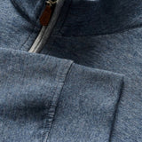Broderick's Clothing Co. blue cotton-blend quarter-zip pullover with leather zipper pull detail