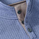 Broderick's Clothing Co. blue moratronic diamond quilted henley pullover with alcantara suede placket detail.