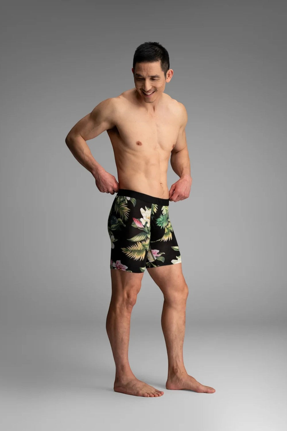 Broderick's Clothing Co. BN3TH Classic Icon boxer brief with tropical floral print on black TENCEL Modal fabric.