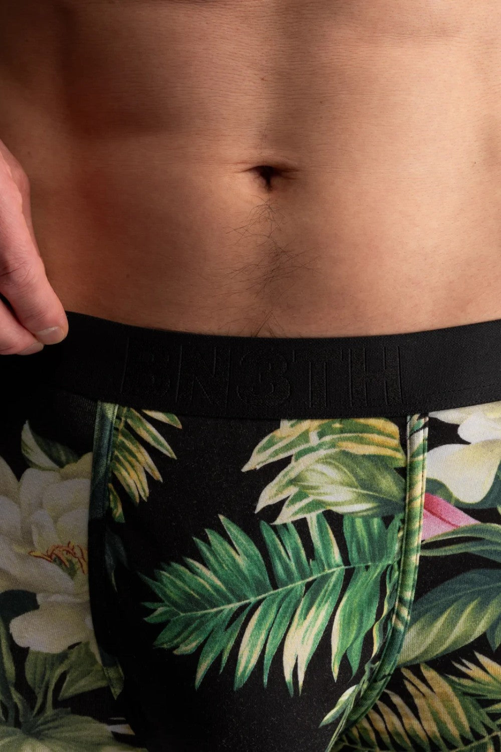 Broderick's Clothing Co. BN3TH Classic Icon boxer brief featuring a black tropical floral print and branded waistband.