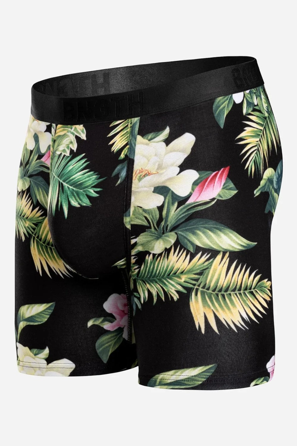Broderick's Clothing Co. BN3TH Classic Icon boxer brief in black with a tropical floral and palm leaf print.