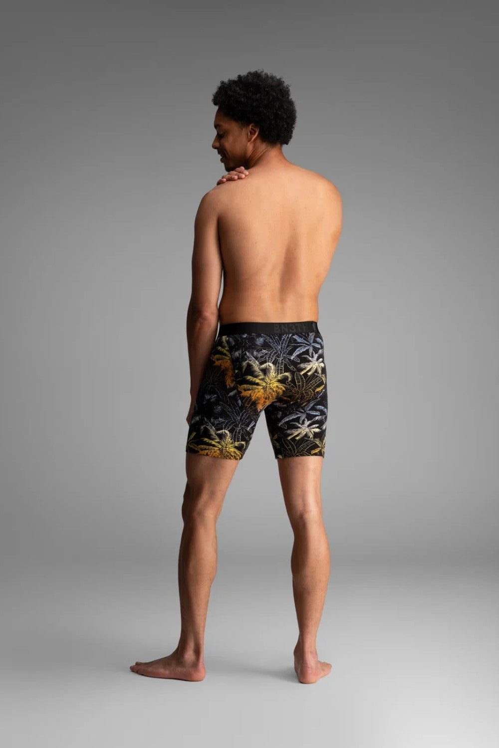 Broderick's Clothing Co. BN3TH Classic Icon boxer brief with black and yellow palm tree print on a male model