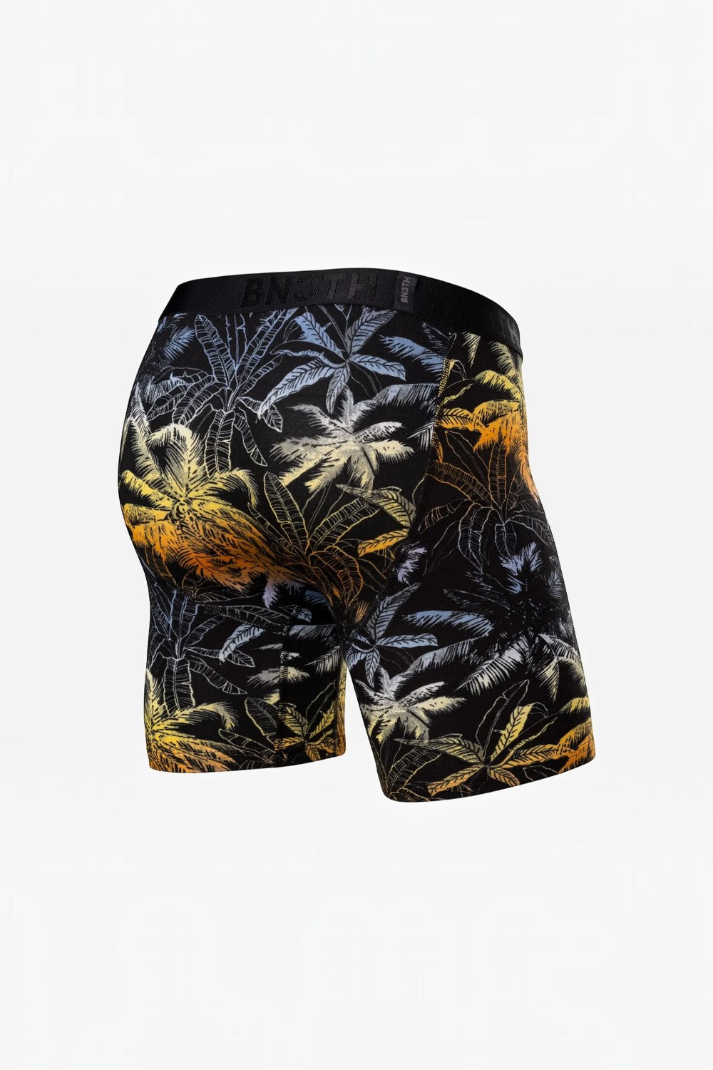 Broderick's Clothing Co. BN3TH Classic Icon boxer brief in black with a yellow and blue tropical palm tree print.