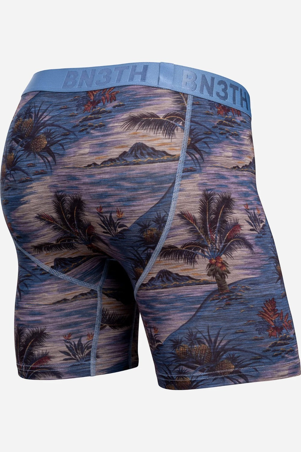 Broderick's Clothing Co. BN3TH Classic Icon boxer brief in a tropical island print with a blue branded waistband.