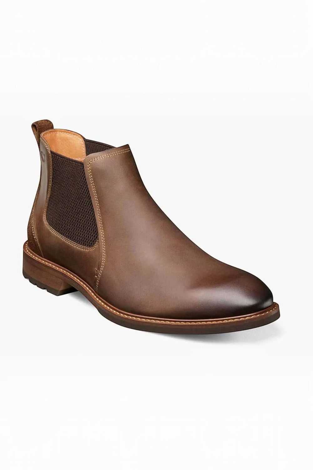 Broderick's Clothing Co. Florsheim Lodge brown leather Chelsea boot with elastic side gore and cushioned footbed
