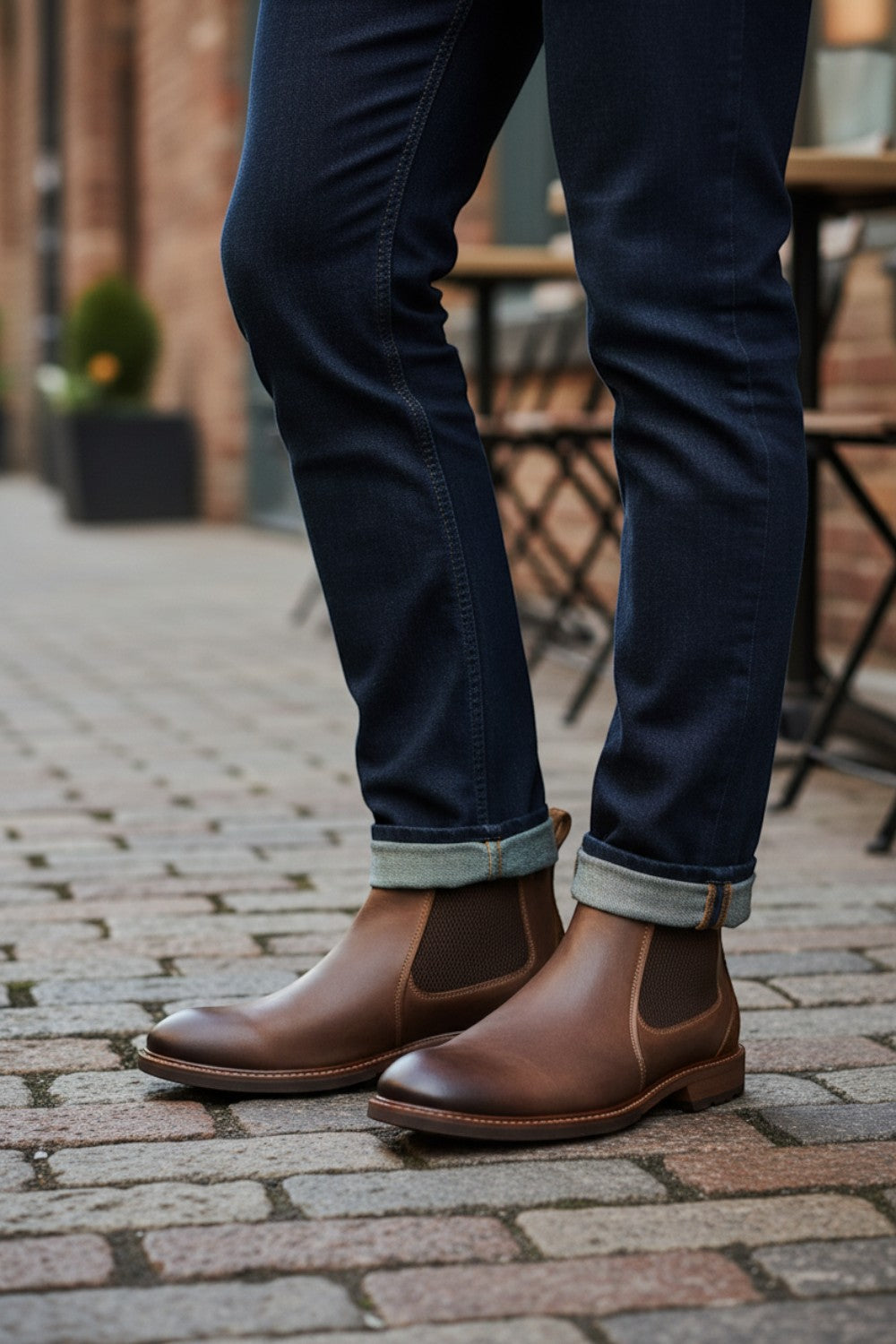 Broderick's Clothing Co. Florsheim Lodge brown leather Chelsea boots worn with dark denim jeans on a cobblestone street