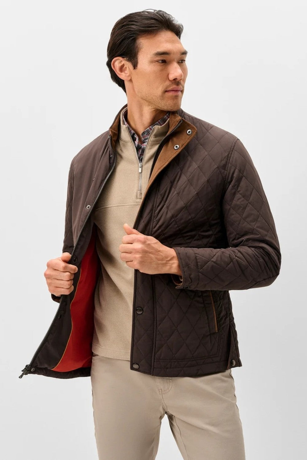 Broderick's Clothing Co. Johnnie-O Juno brown diamond-quilted snap jacket with suede trim worn by a man