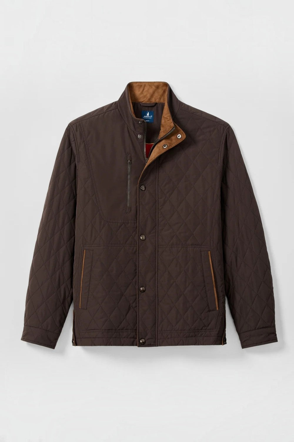 Broderick's Clothing Co. Johnnie-O brown diamond-quilted snap jacket with suede trim and magnetic pockets.