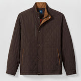 Broderick's Clothing Co. Johnnie-O brown diamond-quilted snap jacket with suede trim and magnetic pockets.