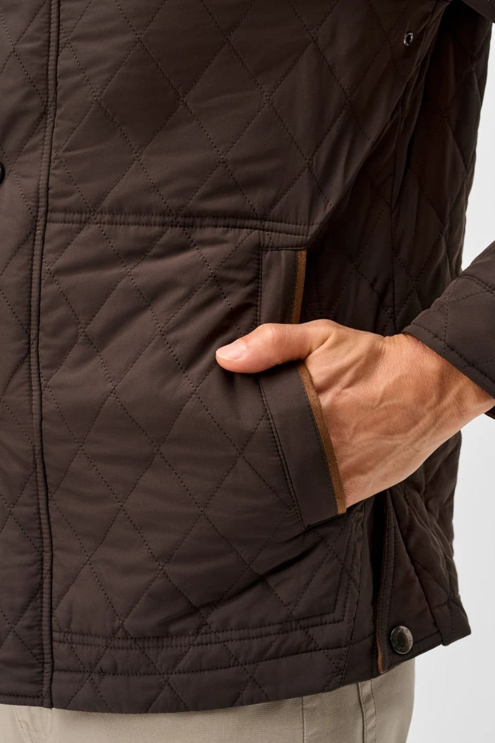 Broderick's Clothing Co. Johnnie-O Juno brown diamond-quilted snap jacket with suede trim and magnetic pocket detail