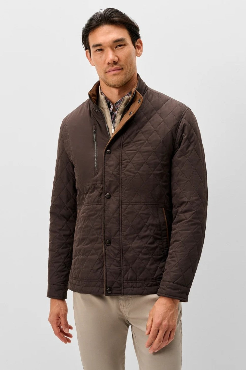 Broderick's Clothing Co. Johnnie-O Juno brown diamond-quilted snap jacket with suede trim worn by a man