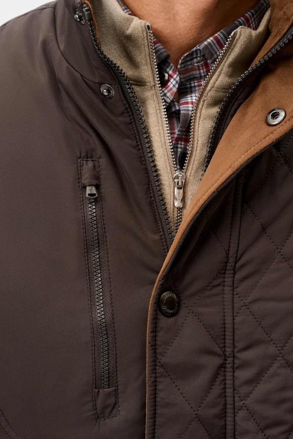 Broderick's Clothing Co. Johnnie-O brown diamond-quilted snap jacket with suede trim and zippered chest pocket