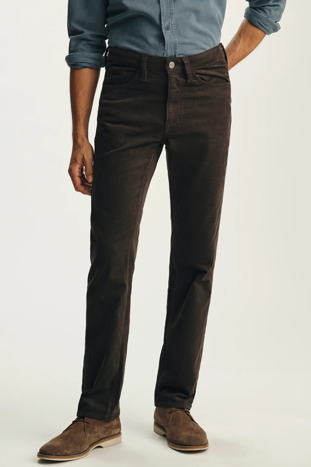 Broderick's Clothing Co. 34 Heritage brown straight leg pants in soft Diagonal Luxe fabric with corduroy texture.