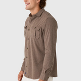 Broderick's Clothing Co. Johnnie-O brown twill overshirt with dual chest pockets worn by a man in profile
