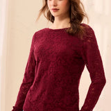 Broderick's Clothing Co. burgundy lace long-sleeve top with scalloped hem and flared cuffs worn with blue jeans