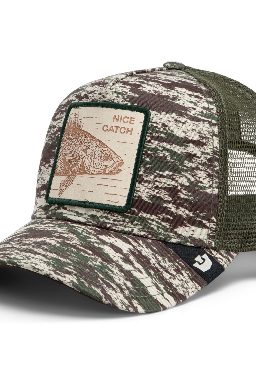 Broderick's Clothing Co. Goorin Bros. camo trucker hat featuring an engraved bass patch and olive green mesh back.