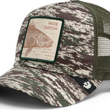 Broderick's Clothing Co. Goorin Bros. camo trucker hat featuring an engraved bass patch and olive green mesh back.