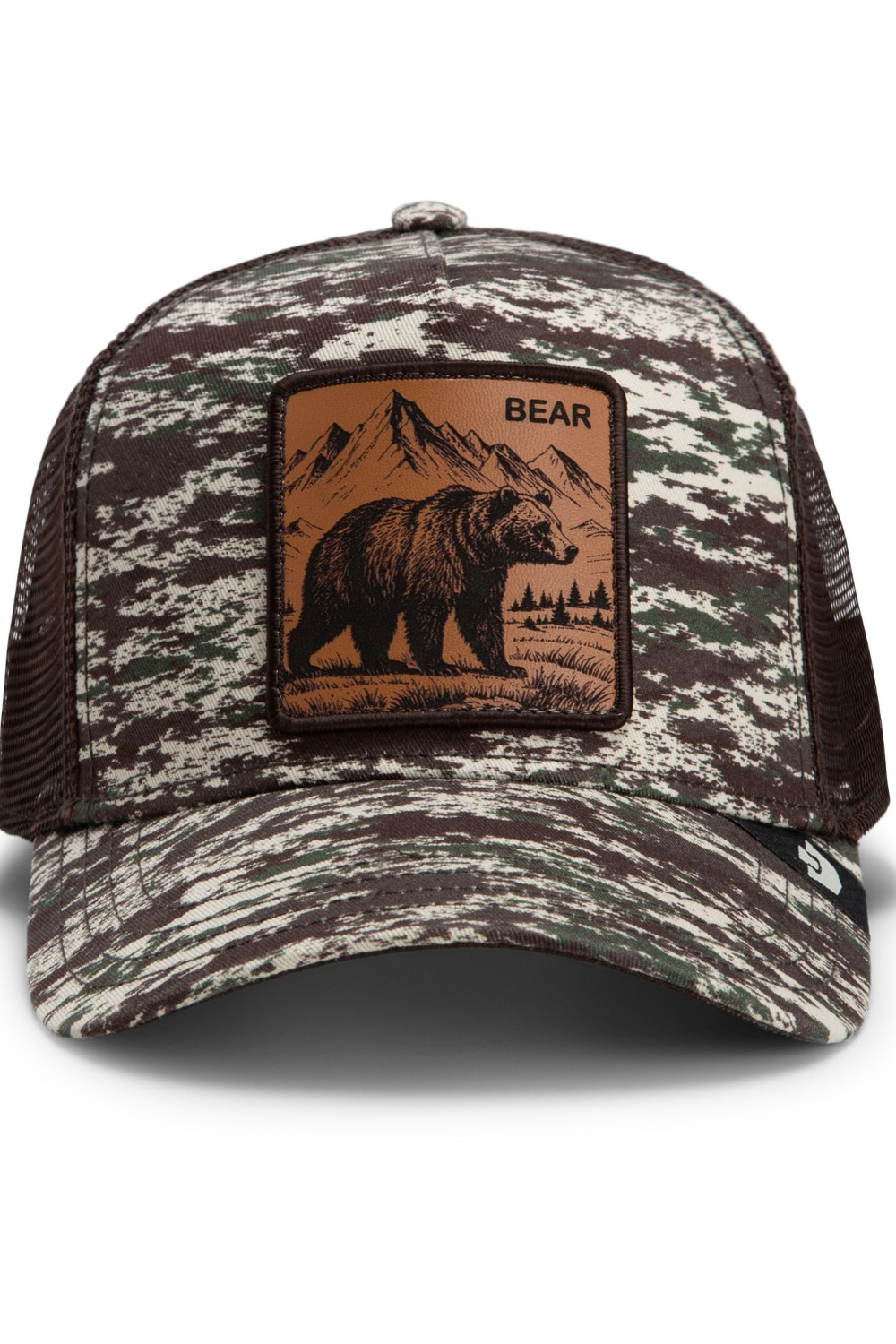 Broderick's Clothing Co. Goorin Bros. camo trucker hat featuring a brown leather patch with an engraved bear design.