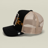 Broderick's Clothing Co. Goorin Bros. Canyon Rowdy trucker hat with black front, tan mesh back, and bull graphic patch.
