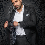 Broderick's Clothing Co. Au Noir charcoal grey single breasted blazer with patterned inner lining on a male model