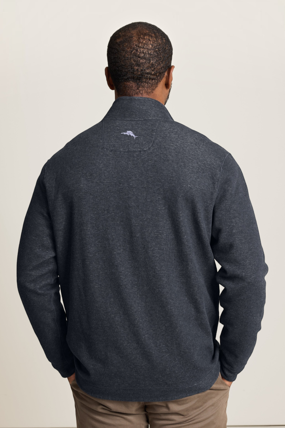 Broderick's Clothing Co. Tommy Bahama charcoal heather reversible half-zip sweater viewed from the back