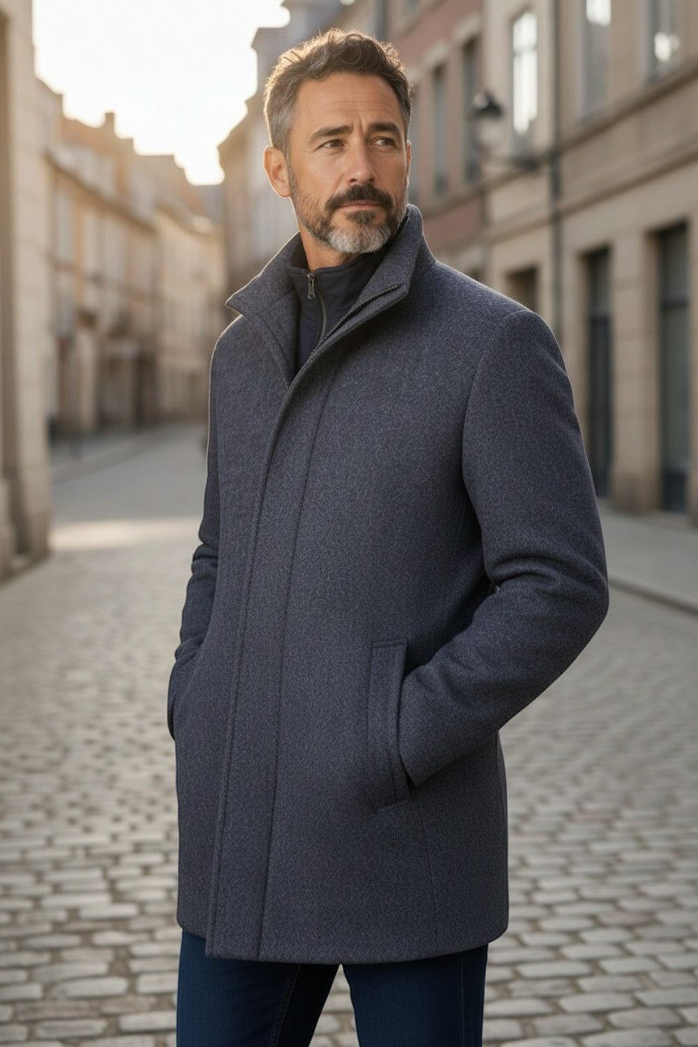 Broderick's Clothing Co. charcoal wool blend car coat worn by a man on a cobblestone street
