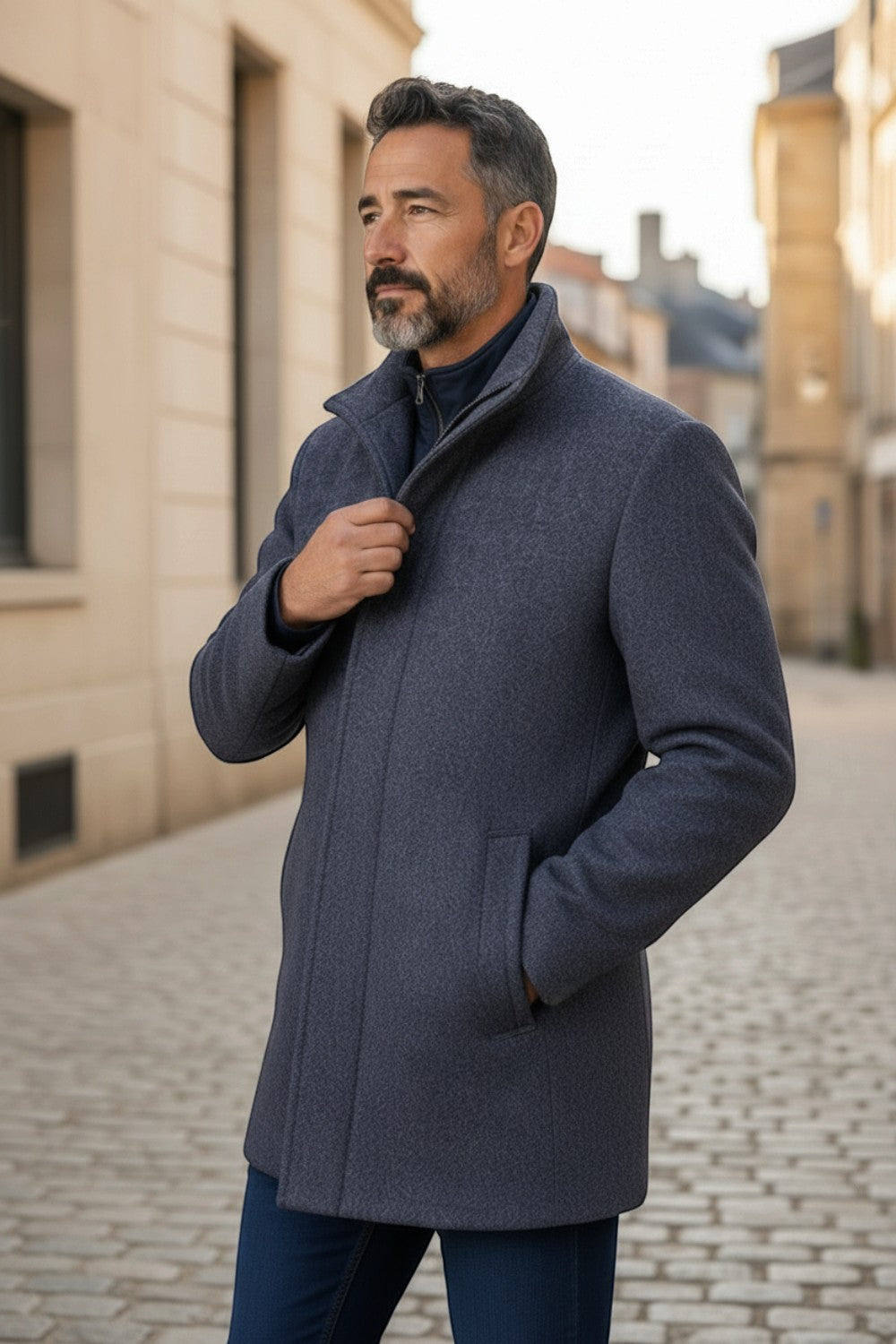 Broderick's Clothing Co. charcoal wool blend car coat worn by a man on a city street