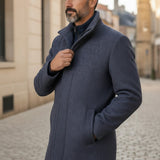 Broderick's Clothing Co. charcoal wool blend car coat worn by a man on a city street