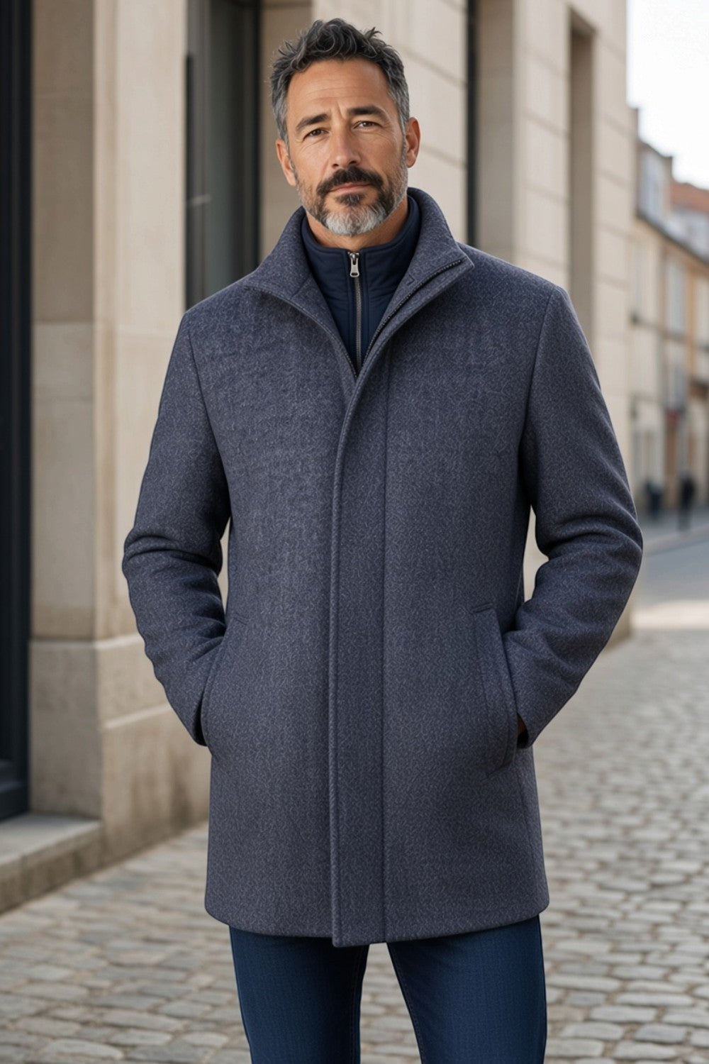 Broderick's Clothing Co. 7 Downie St. BATAVIA charcoal wool blend car coat worn by a man on a city street.