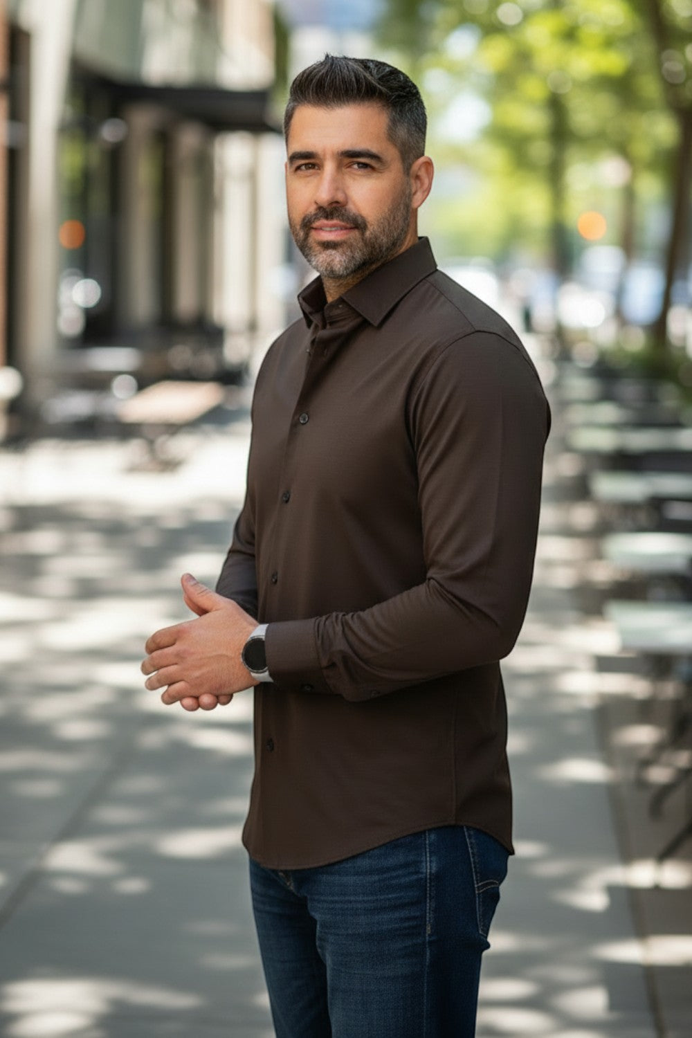 Broderick's Clothing Co. Au Noir Alexander chocolate brown long sleeve knit dress shirt on a man outdoors