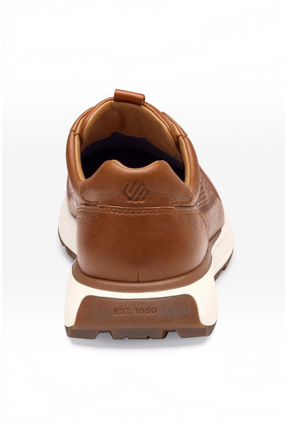 Broderick's Clothing Co. Johnston & Murphy Douglas Jogger in cognac leather with white TRUFOAM sole, rear view.
