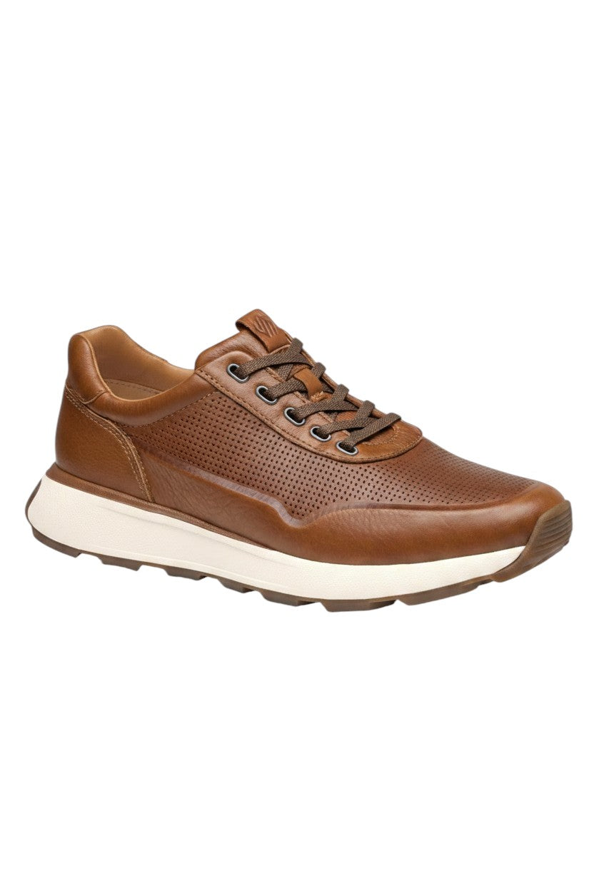 Broderick's Clothing Co. Johnston & Murphy Douglas cognac leather jogger sneakers with micro-perforated details.