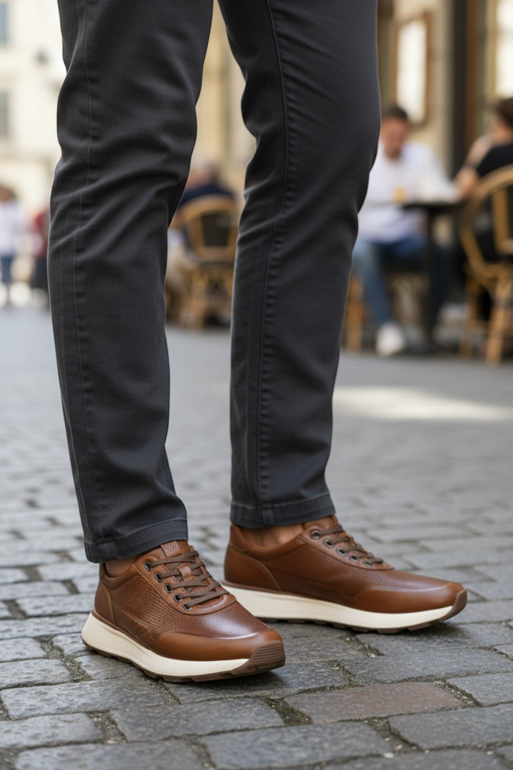Broderick's Clothing Co. Johnston & Murphy cognac leather Douglas Jogger sneakers with micro-perforations on cobblestone