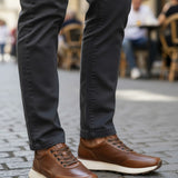 Broderick's Clothing Co. Johnston & Murphy cognac leather Douglas Jogger sneakers with micro-perforations on cobblestone