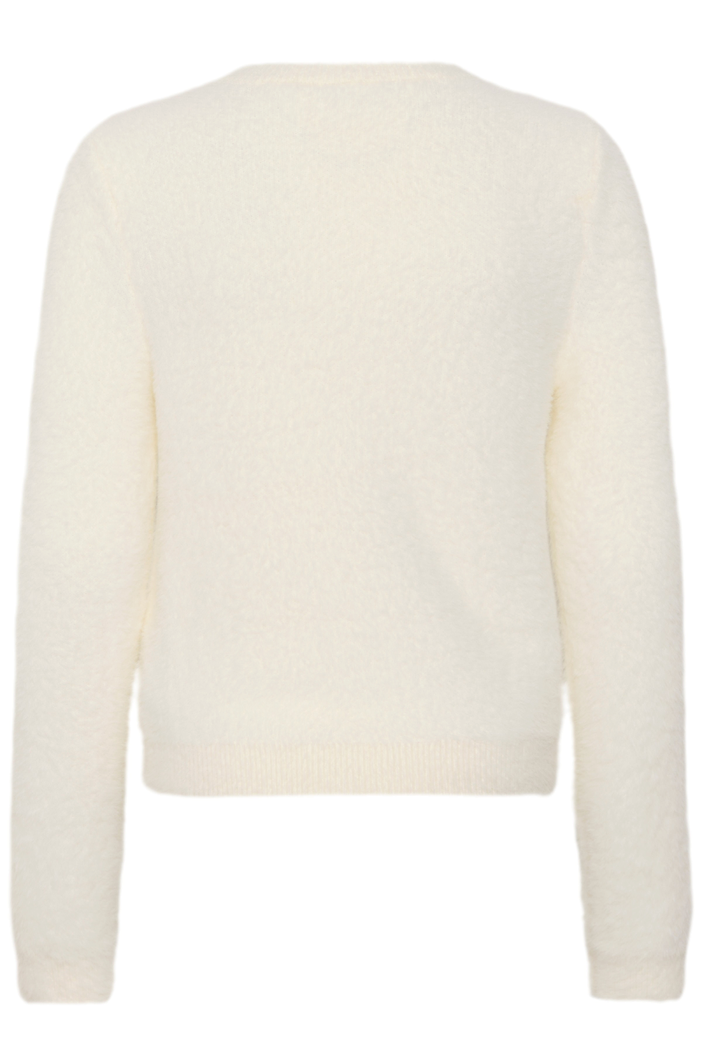 Broderick's Clothing Co. cream long-sleeve knit pullover with a round neckline and ribbed hem in a back view.
