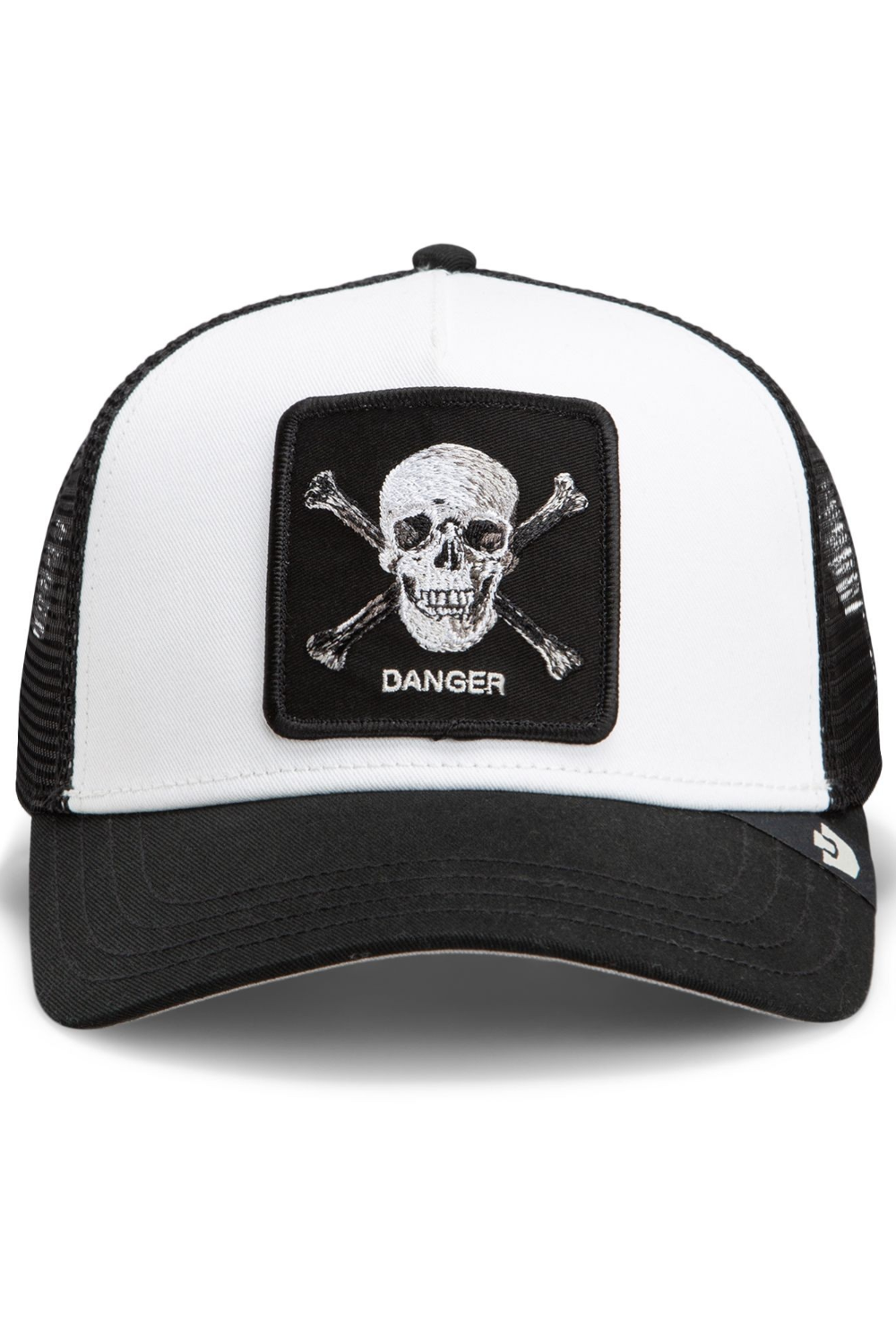 Broderick's Clothing Co. Goorin Bros. black and white trucker hat featuring a skull and crossbones Danger patch